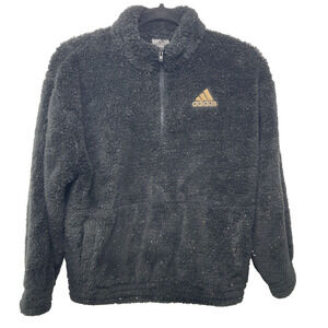 Adidas Girls Sweatshirt XL 16 Black Gold Sparkle Mock Neck Sherpa Fuzzy 1/4 Zip‎